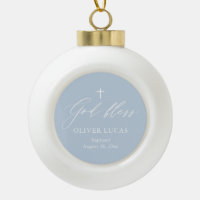 Dusty Blue Cross Boy Baptism Ceramic Ball Ornament