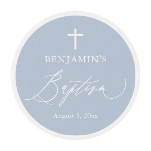 Dusty Blue Cross Boy Baptism Edible Frosting Round