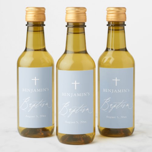 Dusty Blue Cross Boy Baptism Mini Wine Label