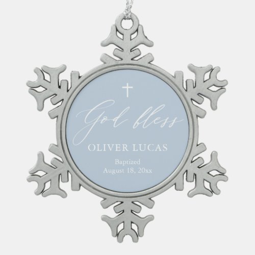 Dusty Blue Cross Boy Baptism Snowflake Ornament