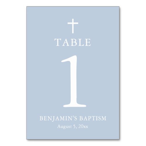 Dusty Blue Cross Boy Baptism Table Number Card