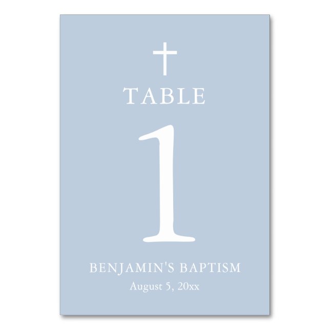 Dusty Blue Cross Boy Baptism Table Number Card (Front)