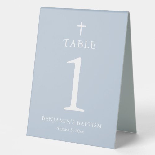 Dusty Blue Cross Boy Baptism Table Tent Sign