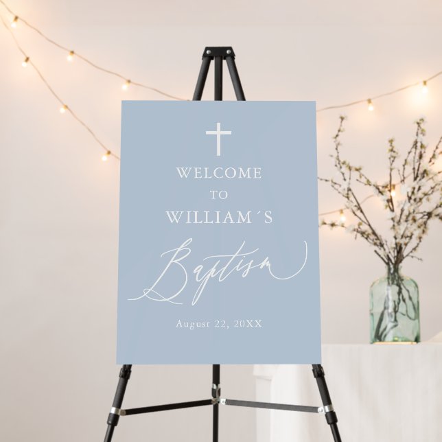 Dusty Blue Cross Boy Baptism Welcome Foam Board (In Situ (Stand))