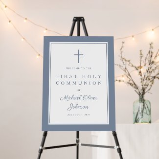 Dusty Blue Cross Boy First Communion Welcome