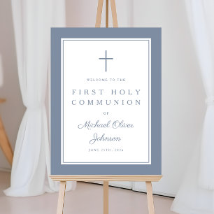 Dusty Blue Cross Boy First Communion Welcome Foam Board
