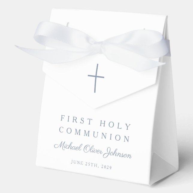 Dusty Blue Cross Boy First Holy Communion Favor Boxes (Front)