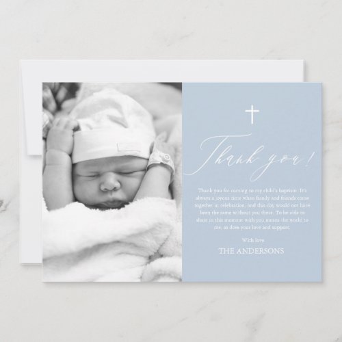 Dusty Blue Cross Boy Photo Baptism Thank You Card