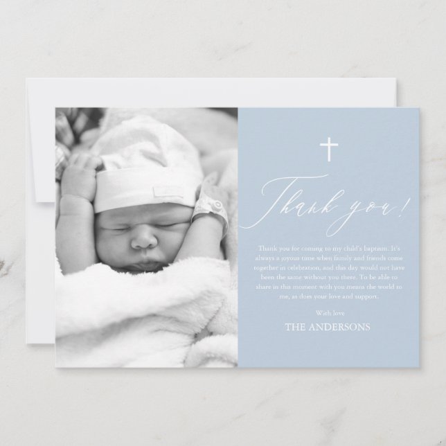 Dusty Blue Cross Boy Photo Baptism Thank You Card (Front)