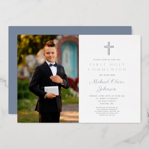 Dusty Blue Cross Boy Photo First Communion Silver Foil Invitation