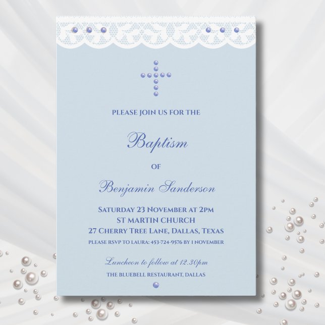 Dusty Blue Cross Christening Christian Baptism Invitation (Creator Uploaded)
