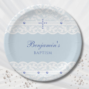 Dusty Blue Cross Christening Christian Baptism Paper Plates