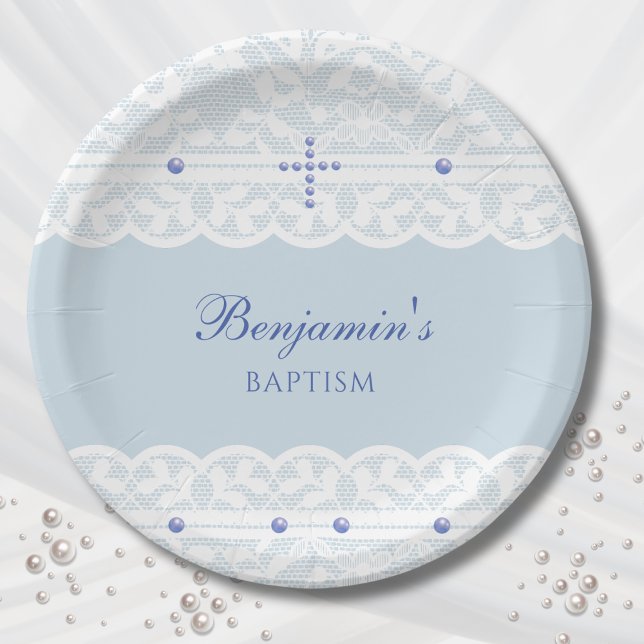 Dusty Blue Cross Christening Christian Baptism Paper Plates (Creator Uploaded)