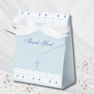Dusty Blue Cross Christian Baptism Favor Boxes