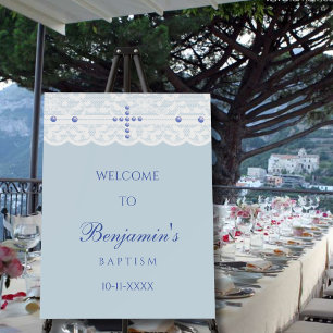 Dusty Blue Cross Christian Baptism Welcome Sign