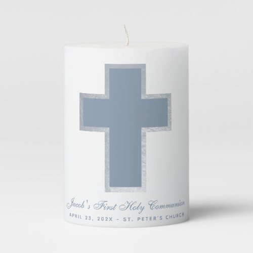 Dusty Blue Cross First Communion Boy Faux Silver Pillar Candle