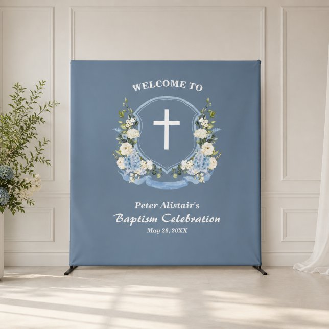 Dusty Blue Cross Floral Crest Baptism Backdrop (Creator Uploaded)