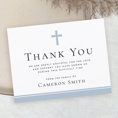 Dusty blue cross funeral sympathy thank you card