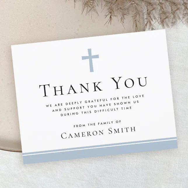 Dusty blue cross funeral sympathy thank you card | Zazzle