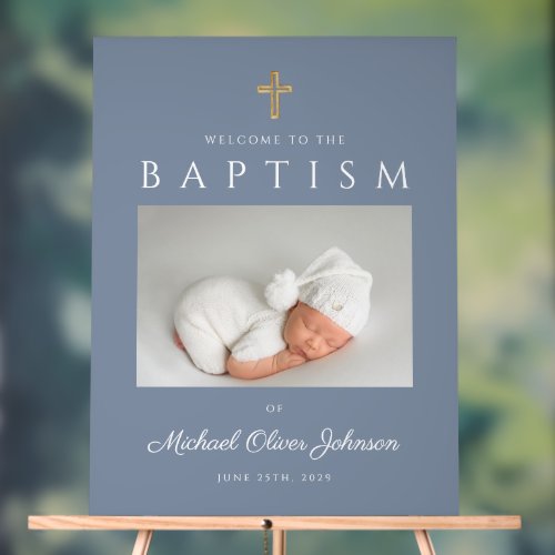 Dusty Blue Cross Photo Boy Baptism Welcome Acrylic Sign