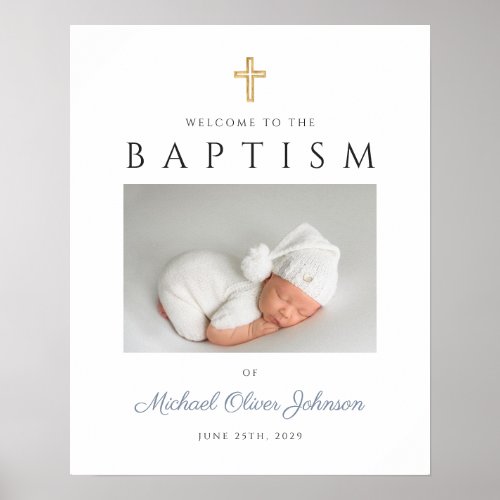 Dusty Blue Cross Photo Boy Baptism Welcome  Poster
