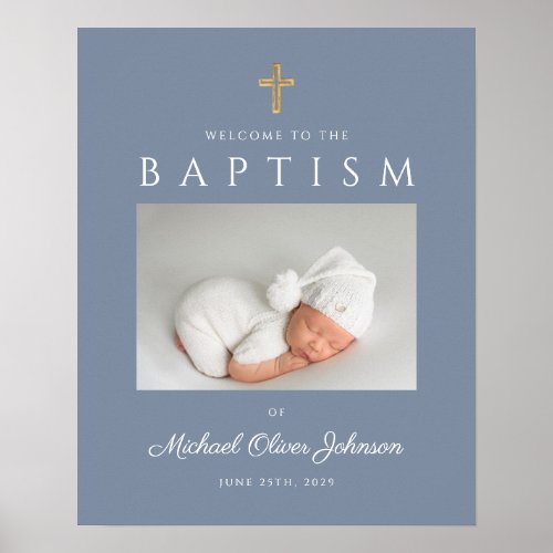 Dusty Blue Cross Photo Boy Baptism Welcome  Poster