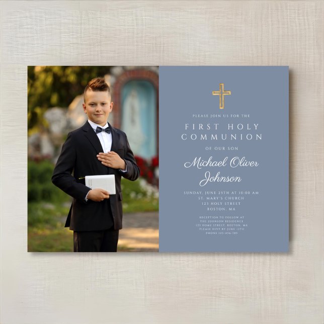 Dusty Blue Cross Photo Boy First Communion  Invitation (Dusty Blue Cross Photo Boy First Communion Invitation)