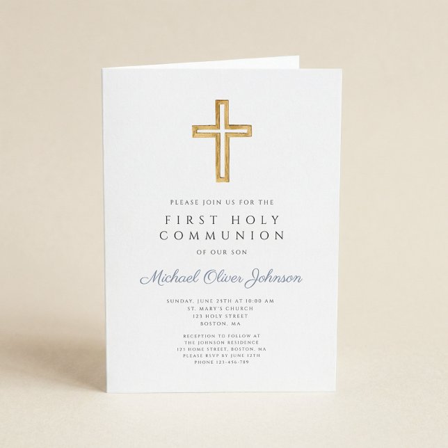 Dusty Blue Cross Photo Boy First Communion Invitation (Creator Uploaded)