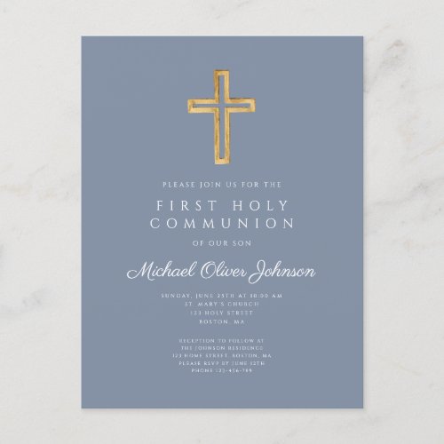 Dusty Blue Cross Religious Boy First Communion Postcard