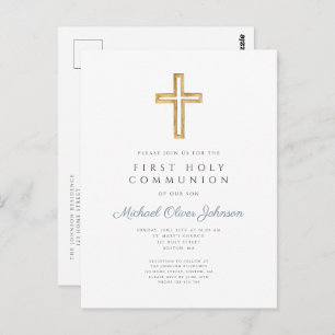 Dusty Blue Cross Religious Boy First Communion Postcard