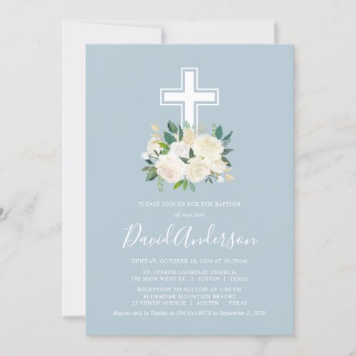 Dusty Blue Cross with Cream Florals Boy Baptism Invitation