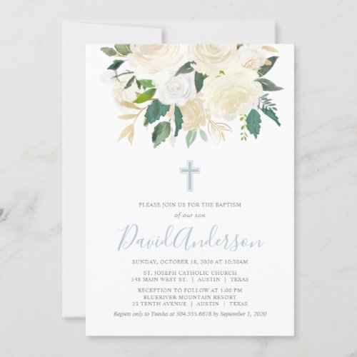 Dusty Blue Cross with Cream Florals Boy Baptism Invitation