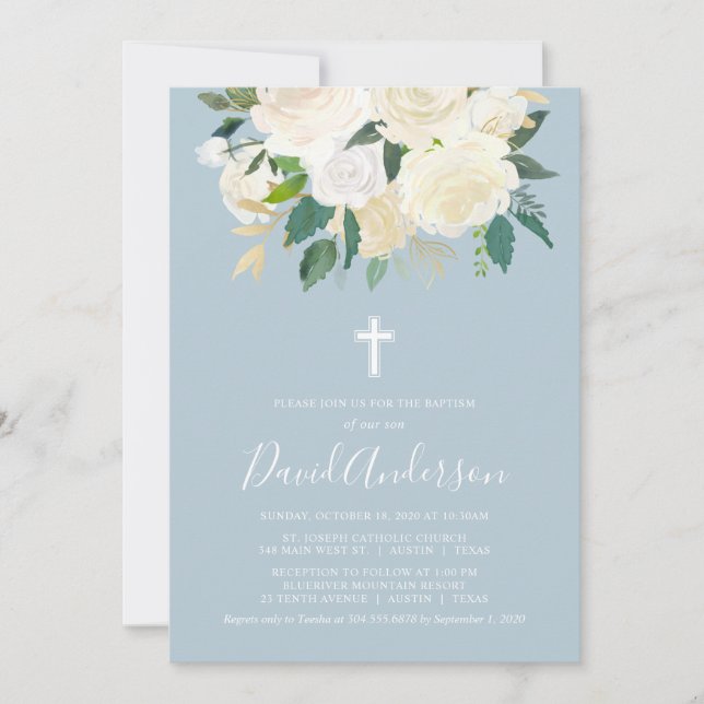 Dusty Blue Cross with Cream Florals, Boy Baptism Invitation (Front)