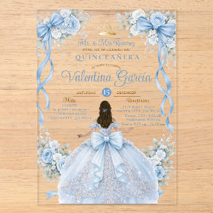 Dusty Blue Crown Gold Quinceañera Dress Birthday Acrylic Invitations