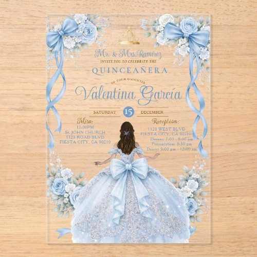 Dusty Blue Crown Gold Quinceañera Dress Birthday Acrylic Invitations
