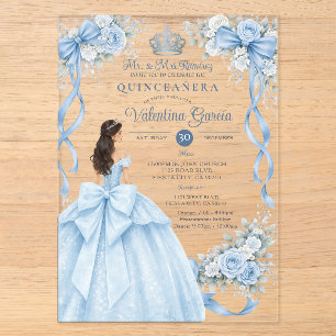 Dusty Blue Crown Gold Quinceañera Dress Birthday Acrylic Invitations