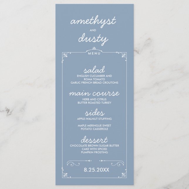 Dusty Blue Custom Color Wedding Menu Cards (Front)