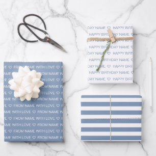 Dusty Blue Custom Happy Birthday With Love Wrapping Paper Sheets
