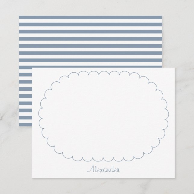 Dusty Blue Custom Name Script Stripes and Frame Note Card (Front/Back)