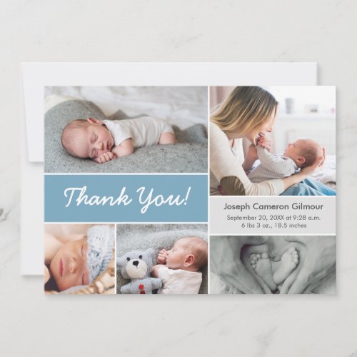Dusty blue Custom Photo Collage Baby Boy Birth  Thank You Card