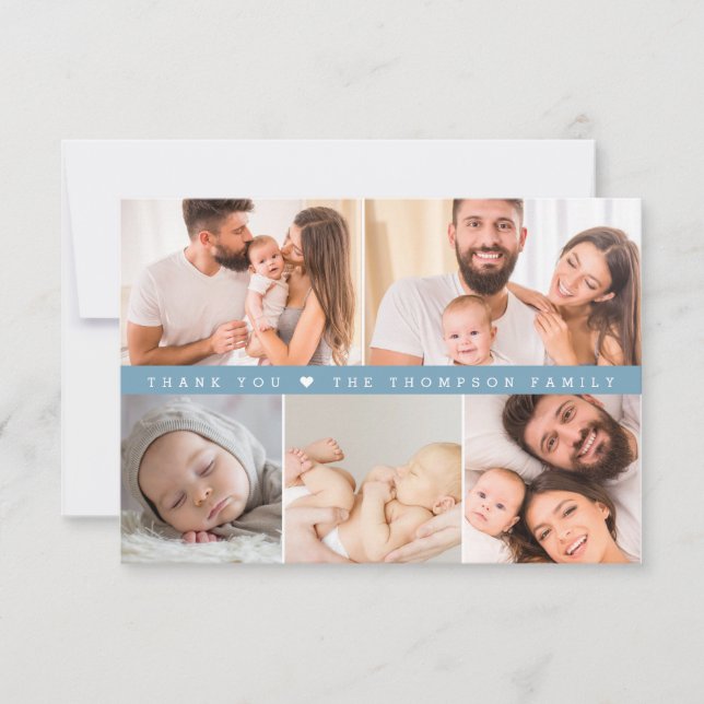 Dusty Blue Custom Photo Collage Baby Shower Thank You Card (Front)