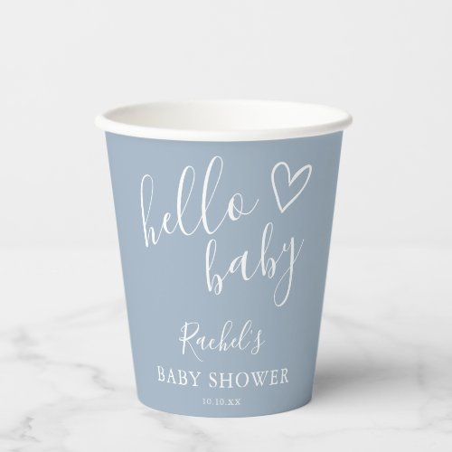 Dusty Blue Cute Heart Baby Boy Hello Baby Shower Paper Cups