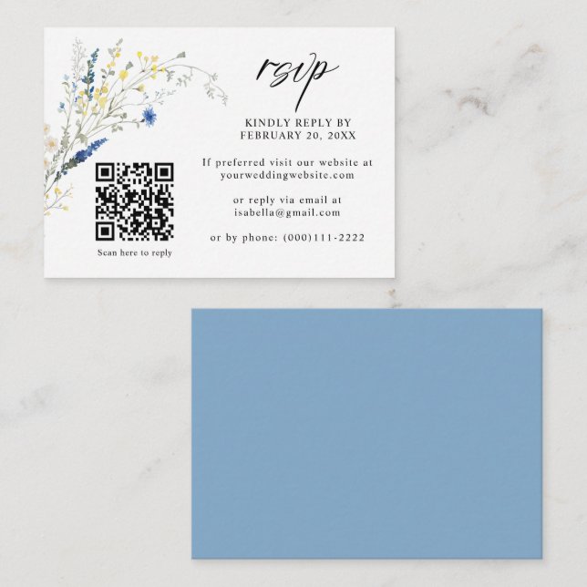 Dusty Blue Dainty Floral QR Code Wedding RSVP Enclosure Card (Front/Back)