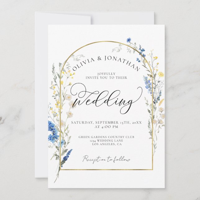 Dusty Blue Dainty Gold All in 1 Budget QR Wedding Invitation (Front)