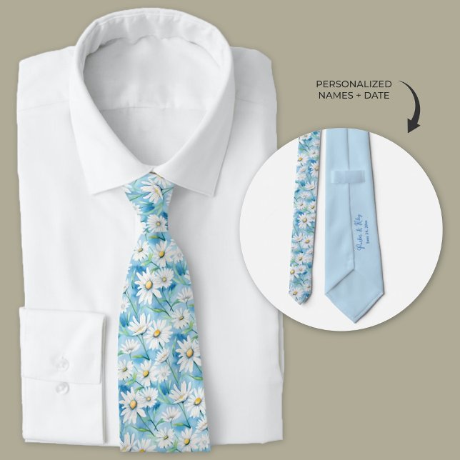 Dusty Blue Daisy Neck Tie (Dusty Blue watercolor daisy groomsmen neckties)