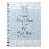 Dusty Blue Damask and Lace Baby Shower Guest Book- Notebook