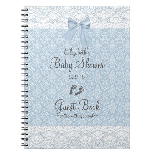 Dusty Blue Damask and Lace Baby Shower Guest Book_ Notebook