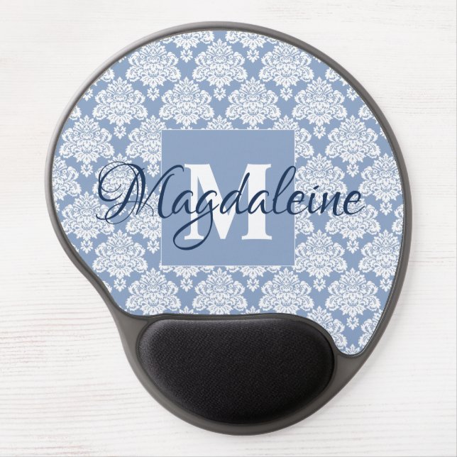 Dusty Blue Damask Lace Pattern Monogram & Name Gel Mouse Pad (Front)