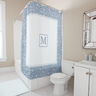 Dusty blue damask pattern white frame and monogram shower curtain