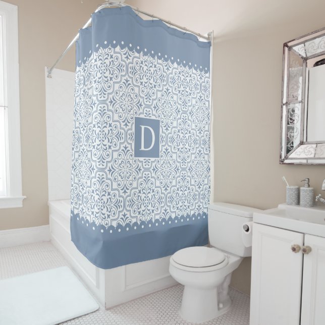 Dusty blue damask scalloped borders monogram shower curtain (In Situ)